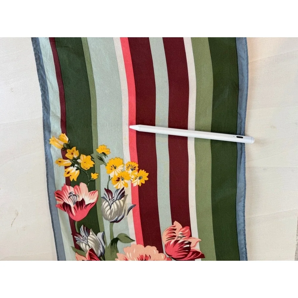 Adrienne Vittadini Vintage Floral Striped Silk Scarf Green Burgundy Blue 56 Inch